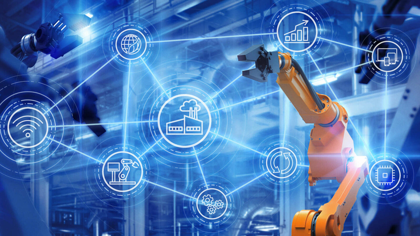 Visuelle Darstellung zweier Roboterarme und vernetzter Icons.