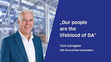 Portrait of Tom Gallagher with a quote about his team.