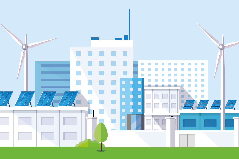 Illustration eines Bürogebäudes mit Windrädern und Solaranlage.